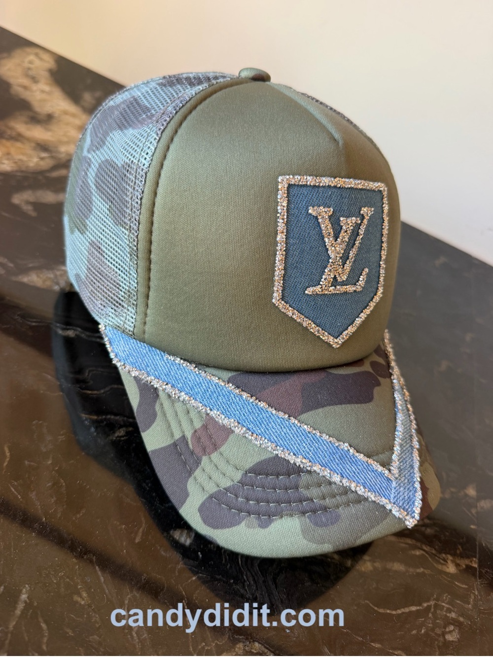 NWT Handmade Olive Green & Camouflage Baseball Cap with Blue Denim Patch - Picture 6 of 9